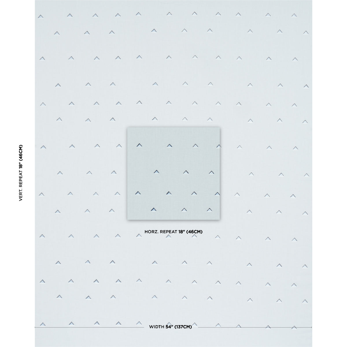 Pale blue wallpaper with navy and white overlapping triangle pattern; centered swatch preview.