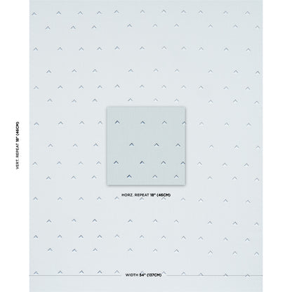 Pale blue wallpaper with navy and white overlapping triangle pattern; centered swatch preview.