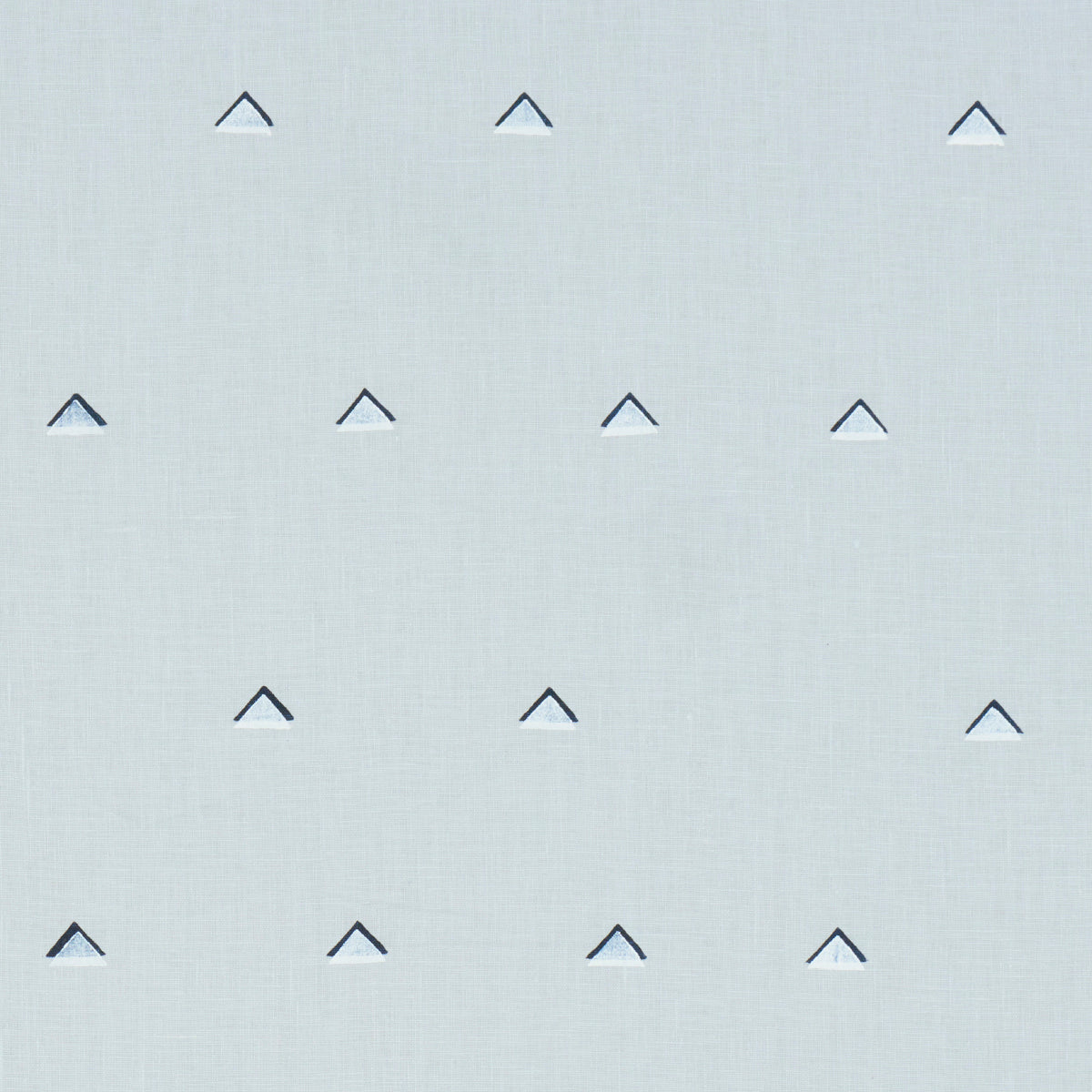 Light sky-blue fabric with overlapping navy and white triangles in a regular grid; linen-like texture.