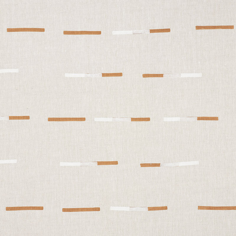 Beige woven fabric with overlapping brown and white dash pattern, decorative upholstery fabric.