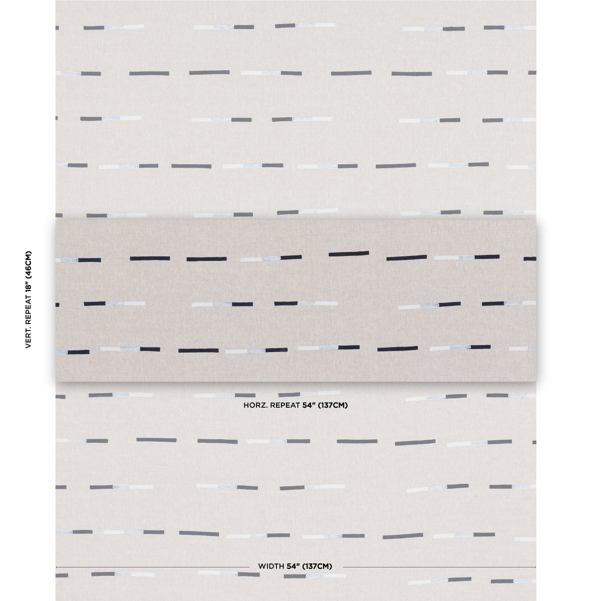 Beige wallpaper swatch with navy overlapping dashed lines; geometric pattern, 54" width.