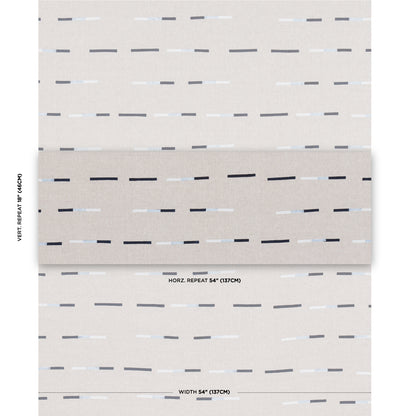 Beige wallpaper swatch with navy overlapping dashed lines; geometric pattern, 54" width.