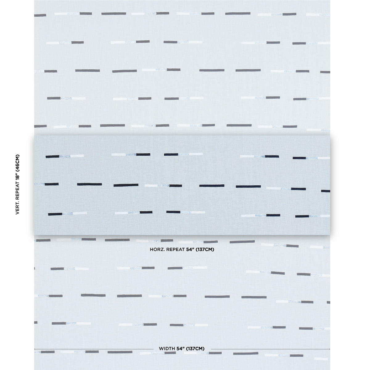 Light blue wallpaper swatch featuring thin dark gray and white dashed horizontal stripes for a modern minimalist look.