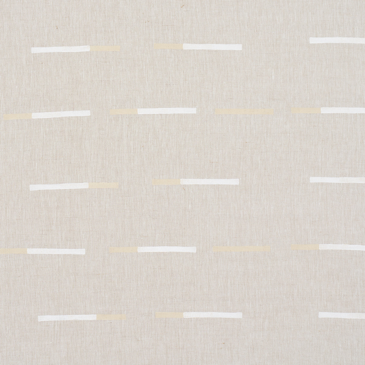 Beige linen-like fabric with white and pale-gold dashed horizontal stripes; textile pattern for upholstery or curtains.