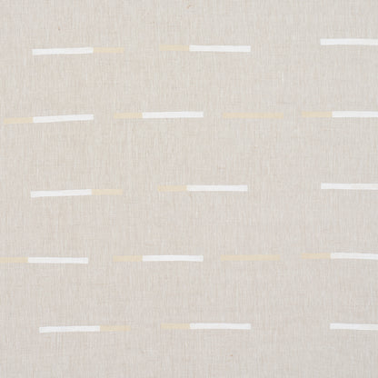 Beige linen-like fabric with white and pale-gold dashed horizontal stripes; textile pattern for upholstery or curtains.