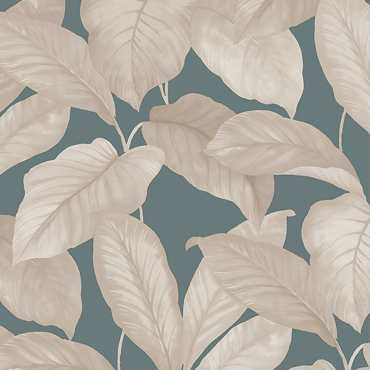 Creamy beige large tropical leaves wallpaper on muted teal background.