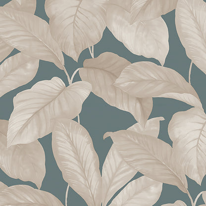 Creamy beige large tropical leaves wallpaper on muted teal background.