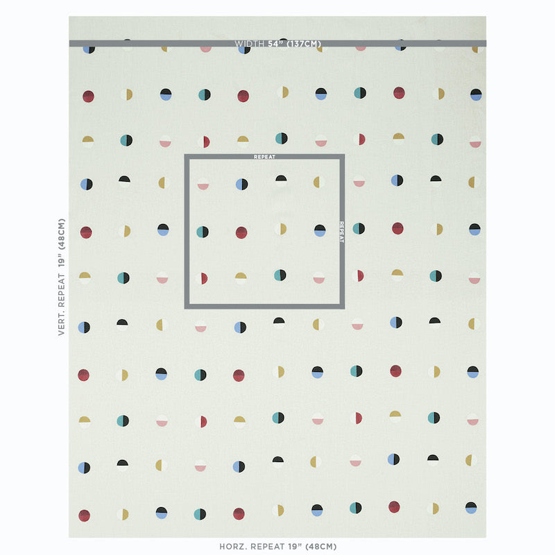 Beige woven fabric with multicolor moons on ivory background; pattern repeats in red, teal, navy, yellow and pink.
