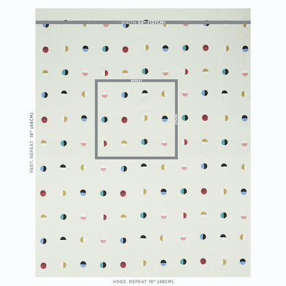 Beige woven fabric with multicolor moons on ivory background; pattern repeats in red, teal, navy, yellow and pink.