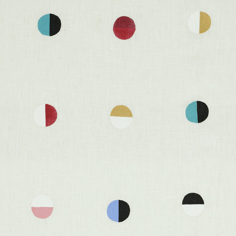 Ivory linen fabric with a 3x3 grid of split-color moons in turquoise, black, red, mustard, pink, white and blue.