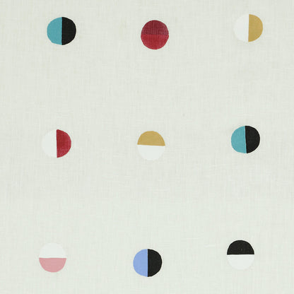 Ivory linen fabric with a 3x3 grid of split-color moons in turquoise, black, red, mustard, pink, white and blue.