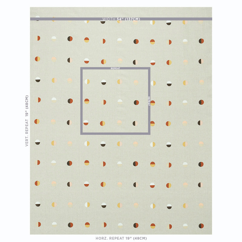 Beige woven textile with Joshua Tree desert moons pattern; lavender centered square frame; orange, brown and white accents; mid-century style.