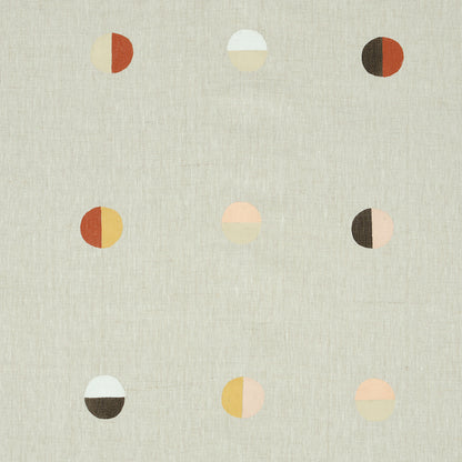 Beige linen textile with a 3x3 grid of two-tone half-circle dots in warm orange, yellow, brown and white.