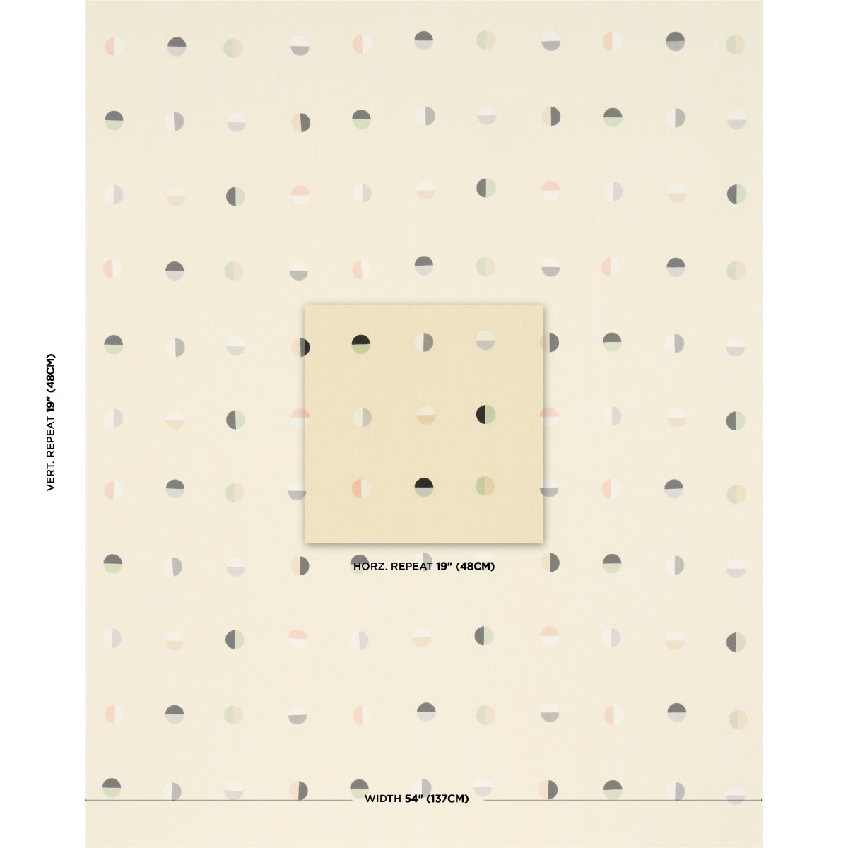 Beige wall art print featuring a retro geometric pattern of pastel semicircles in a grid with a centered square patch.