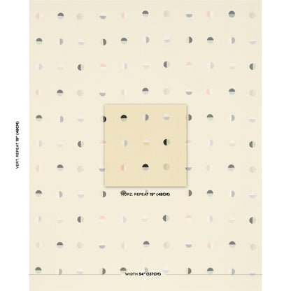 Beige wall art print featuring a retro geometric pattern of pastel semicircles in a grid with a centered square patch.
