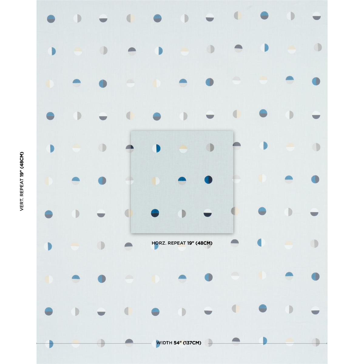 Light blue Joshua Tree prints on sky background; repeating grid of small blue, gray, and beige circles; central repeat panel shown.