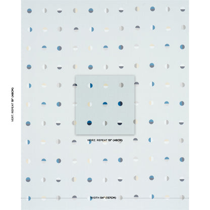 Light blue Joshua Tree prints on sky background; repeating grid of small blue, gray, and beige circles; central repeat panel shown.
