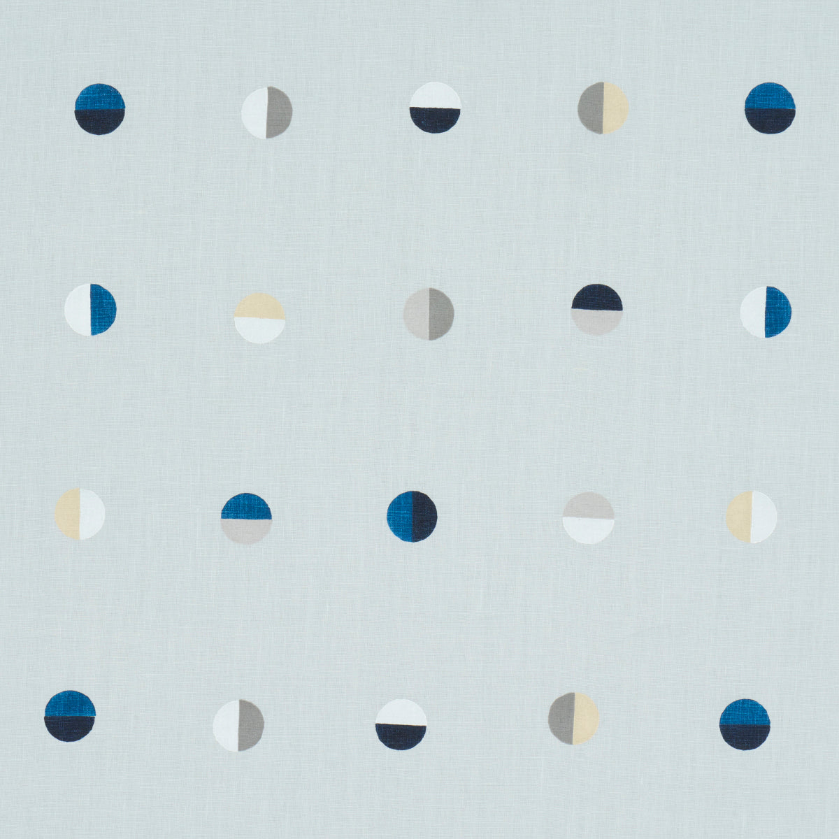 Soft blue fabric with a repeating grid of half-circle motifs in navy, blue, grey, beige and white.
