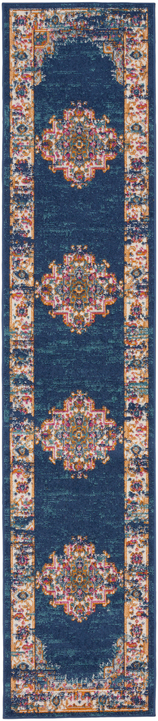 Navy blue Persian-style rug runner with three intricate multicolor medallions and a floral border; perfect hallway decor.
