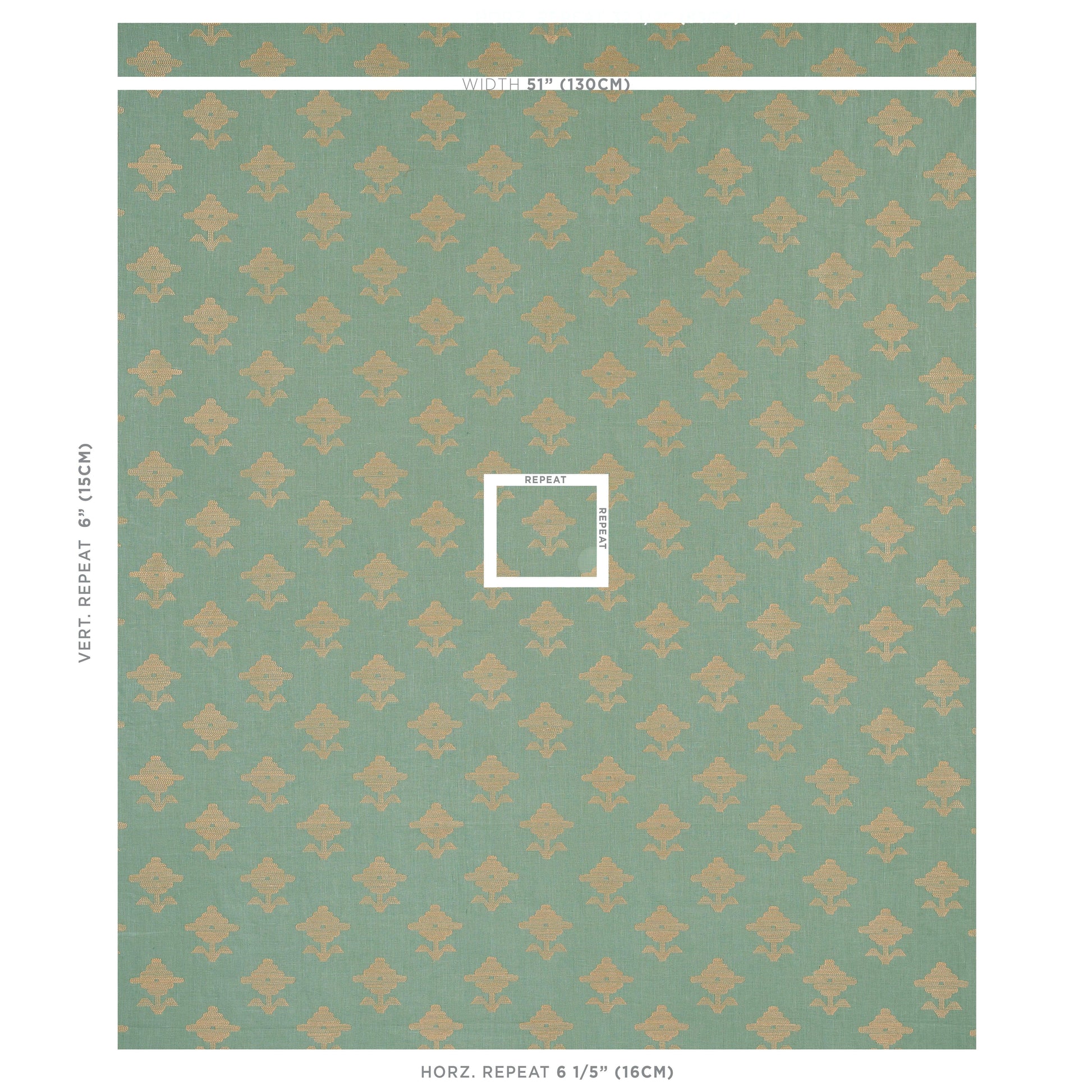 Teal wallpaper with pale peach-beige floral motifs in a repeating grid; white square marker at center.