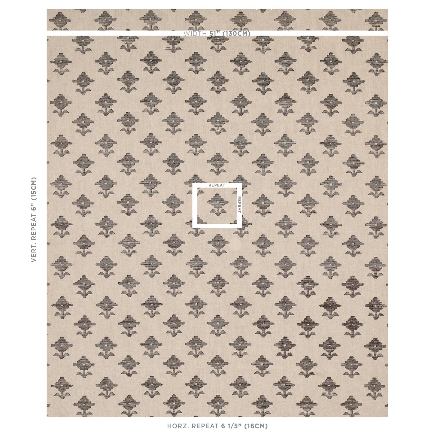 Beige embroidery fabric with small dark gray floral medallion motifs in a regular grid; sample with repeat guides.