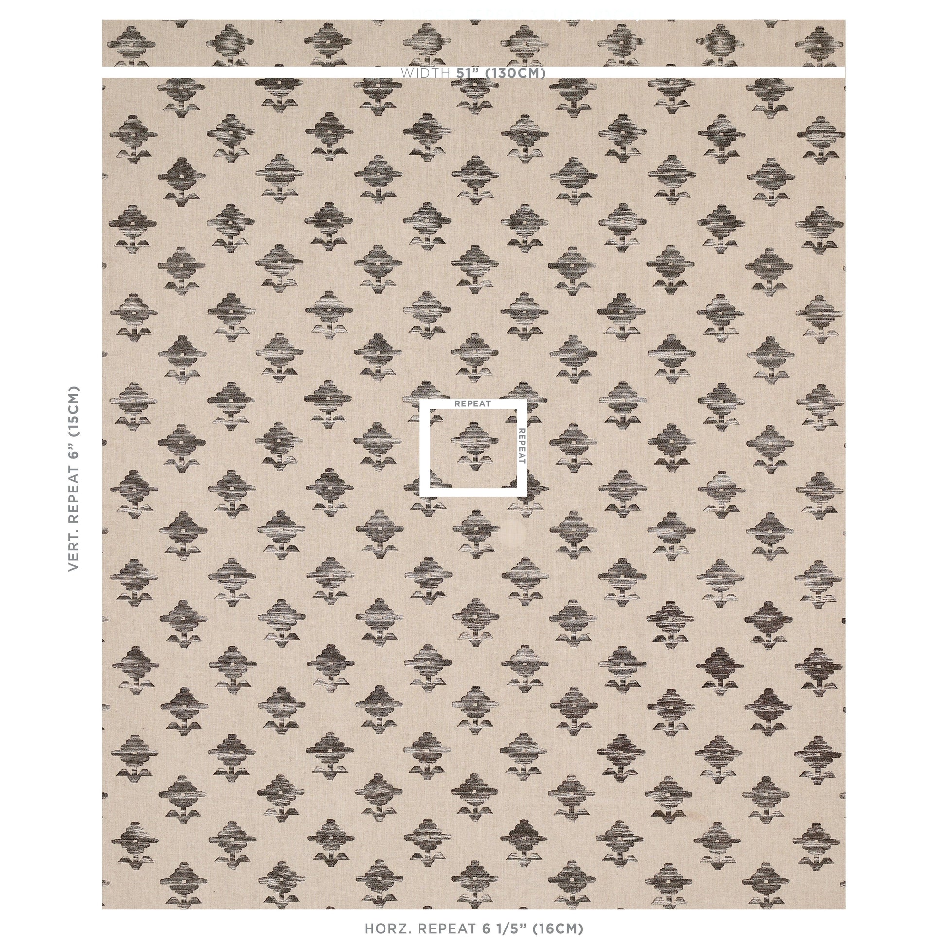 Beige embroidery fabric with small dark gray floral medallion motifs in a regular grid; sample with repeat guides.