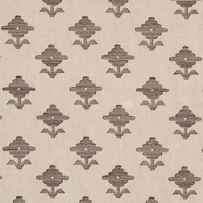 Beige linen fabric with a repeating brown geometric floral motif in a mid-century pattern.