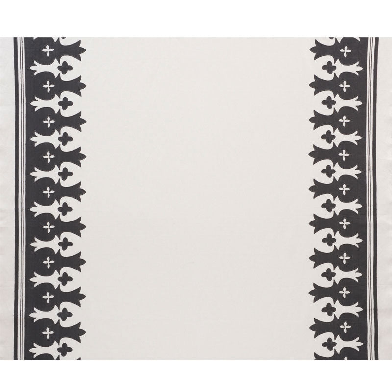 Ivory textile with black vertical borders along both sides, featuring repeating bird/floral silhouettes.