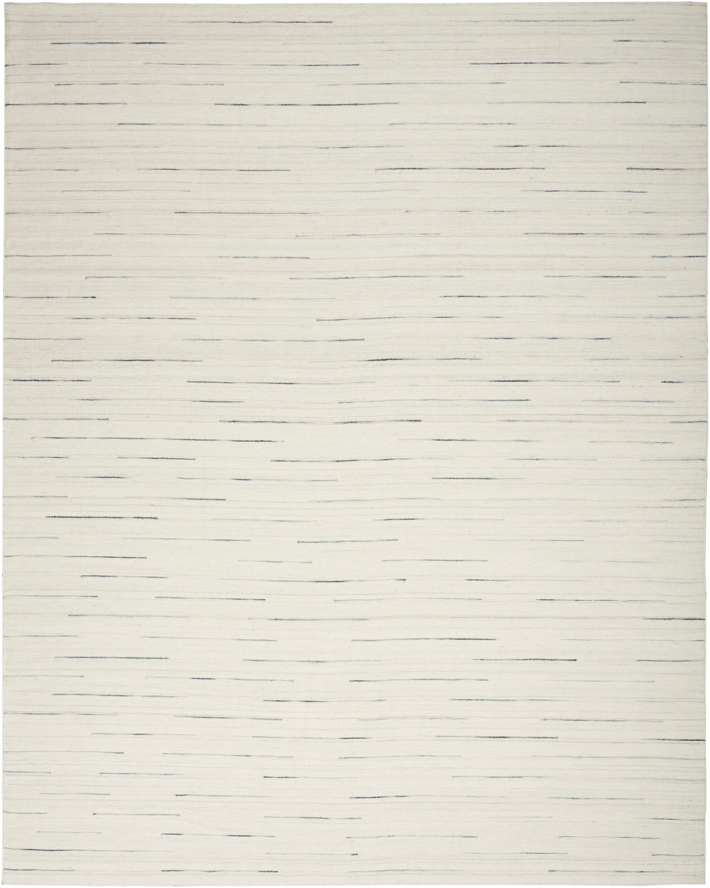 Cream flat-weave rug with scattered thin charcoal horizontal lines; minimalist modern area rug.
