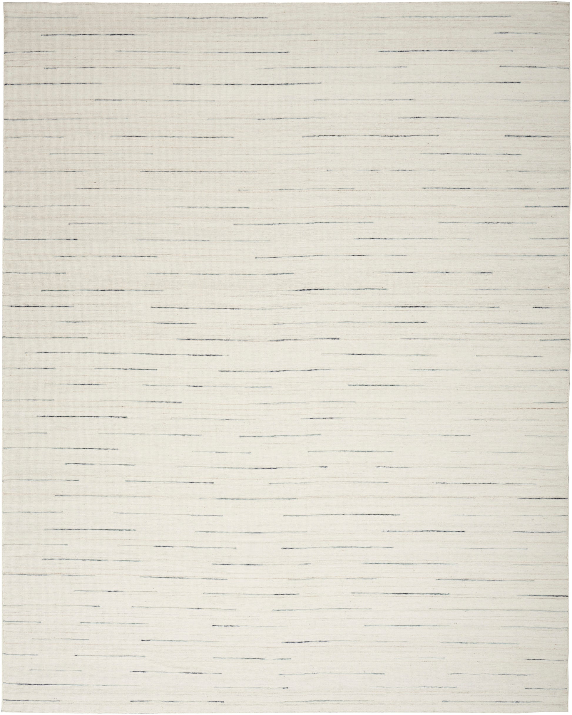 Cream flat-weave rug with scattered thin charcoal horizontal lines; minimalist modern area rug.