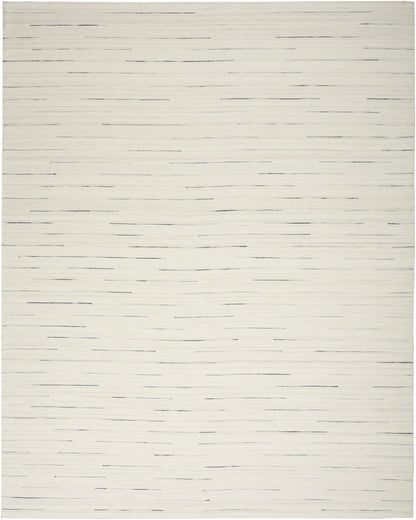 Cream flat-weave rug with scattered thin charcoal horizontal lines; minimalist modern area rug.