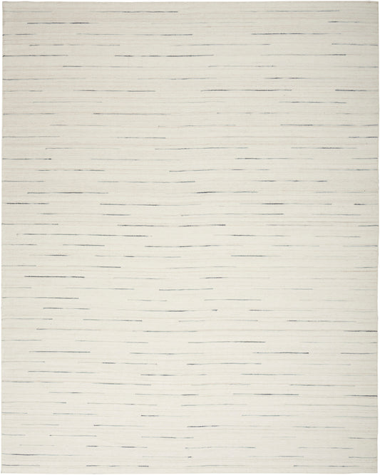 Cream flat-weave rug with scattered thin charcoal horizontal lines; minimalist modern area rug.