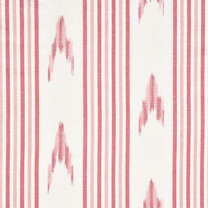 Pink and white striped linen fabric with faded geometric mountain motifs; versatile upholstery or drapery material.