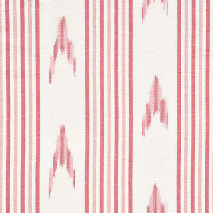 Pink and white striped linen fabric with faded geometric mountain motifs; versatile upholstery or drapery material.