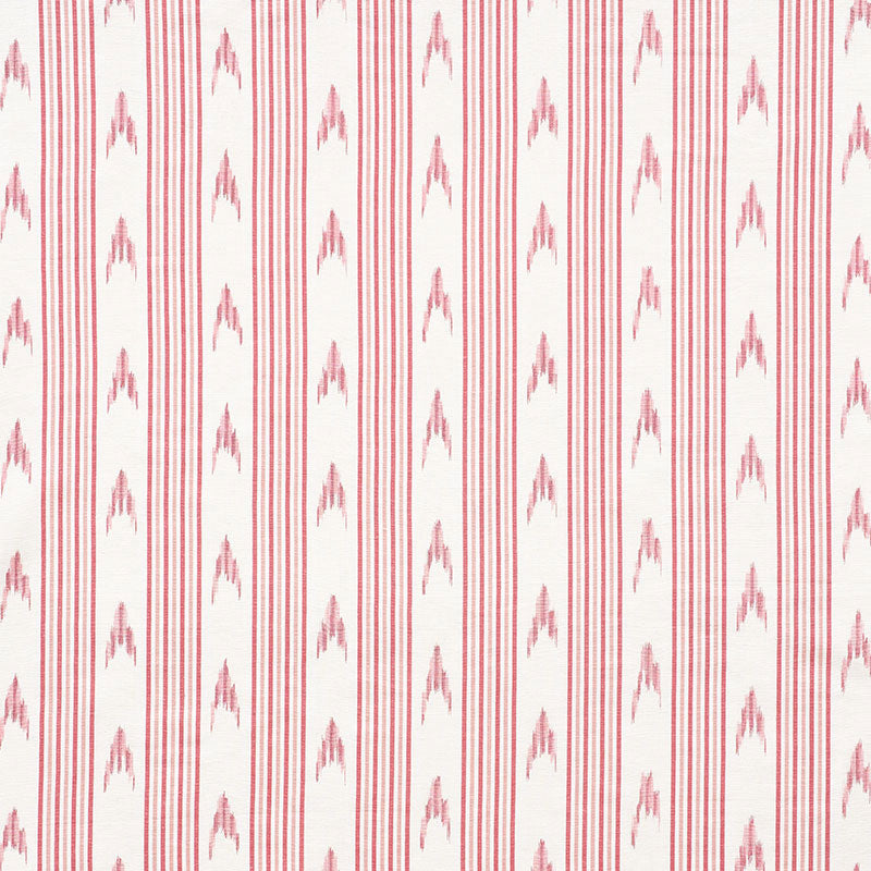 Red striped woven fabric with alternating thin and thick vertical lines and small chevron motifs on white background.