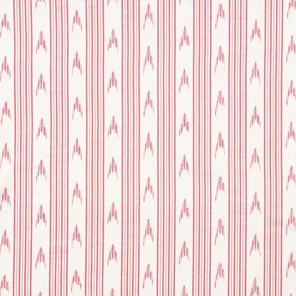 Red striped woven fabric with alternating thin and thick vertical lines and small chevron motifs on white background.