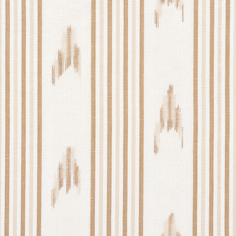 Beige cream fabric pattern with vertical tan stripes and irregular brushstroke motifs, ideal for upholstery or drapery.