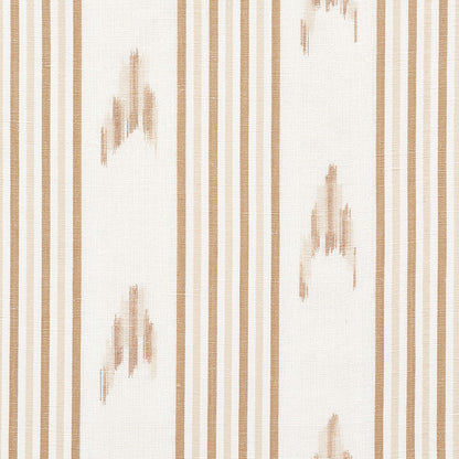 Beige cream fabric pattern with vertical tan stripes and irregular brushstroke motifs, ideal for upholstery or drapery.