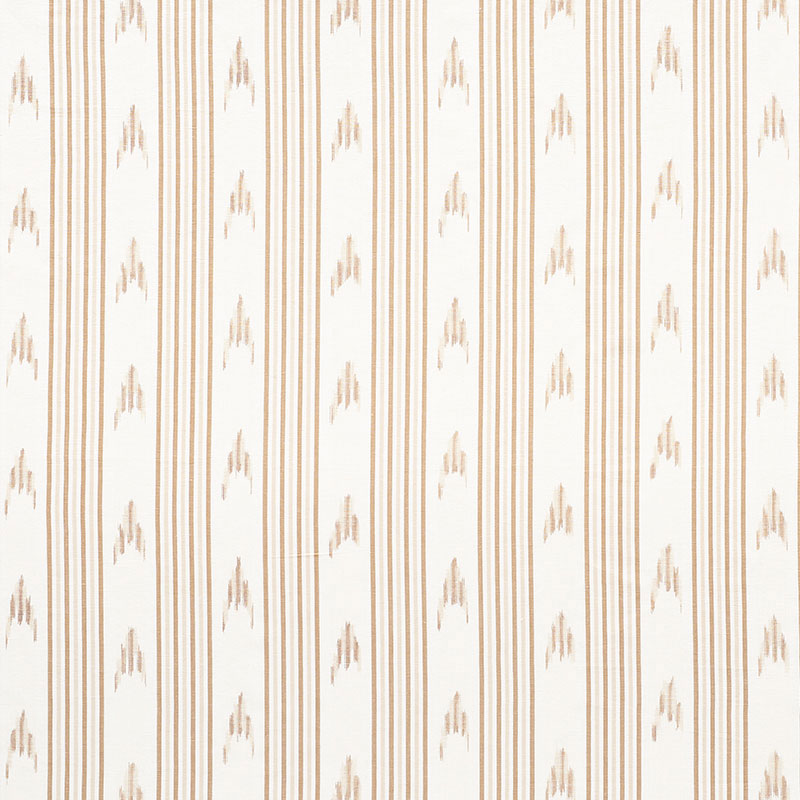 Cream wallpaper with tan vertical stripes and small geometric motifs, classic striped pattern.
