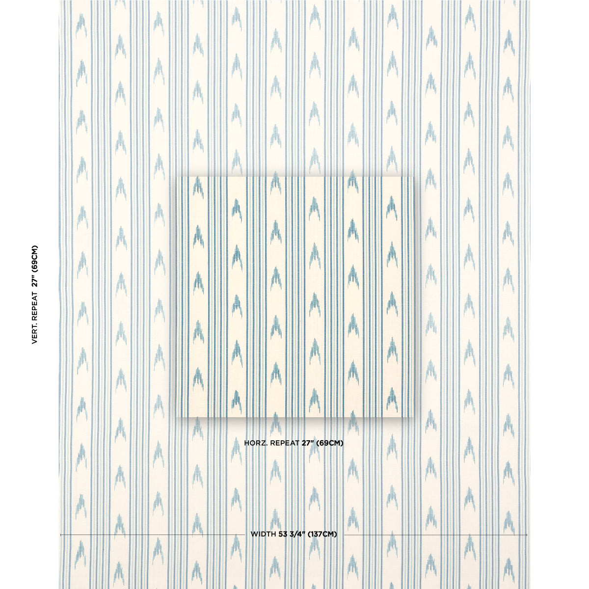 Blue teardrop/arrow pattern on white wallpaper with vertical stripes; includes a small swatch panel.