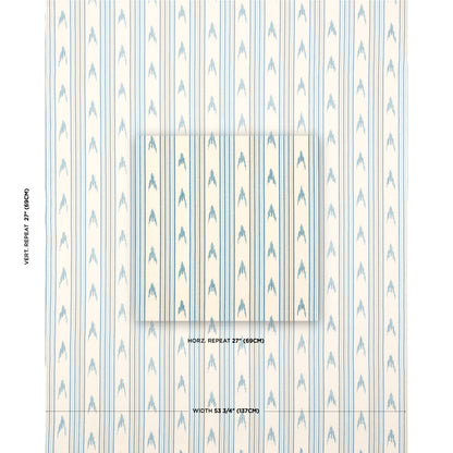 Blue teardrop/arrow pattern on white wallpaper with vertical stripes; includes a small swatch panel.