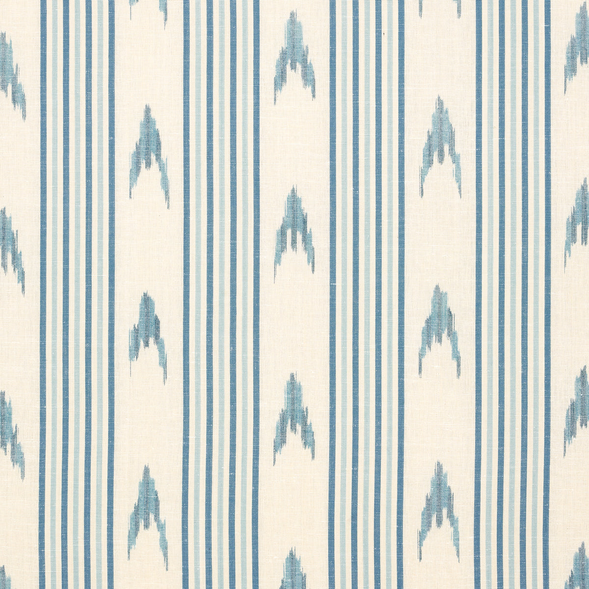 Cream fabric with vertical blue stripes and light blue diamond/arrow motifs, ikat-inspired textile pattern.