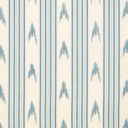 Cream fabric with vertical blue stripes and light blue diamond/arrow motifs, ikat-inspired textile pattern.