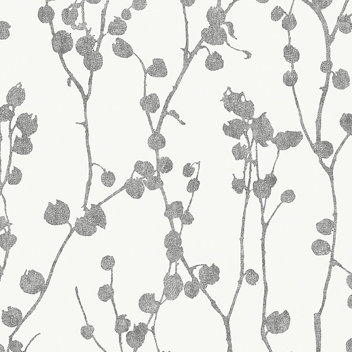 Charcoal gray twig and round-leaf botanical pattern wallpaper on a light neutral background
