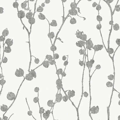 Charcoal gray twig and round-leaf botanical pattern wallpaper on a light neutral background
