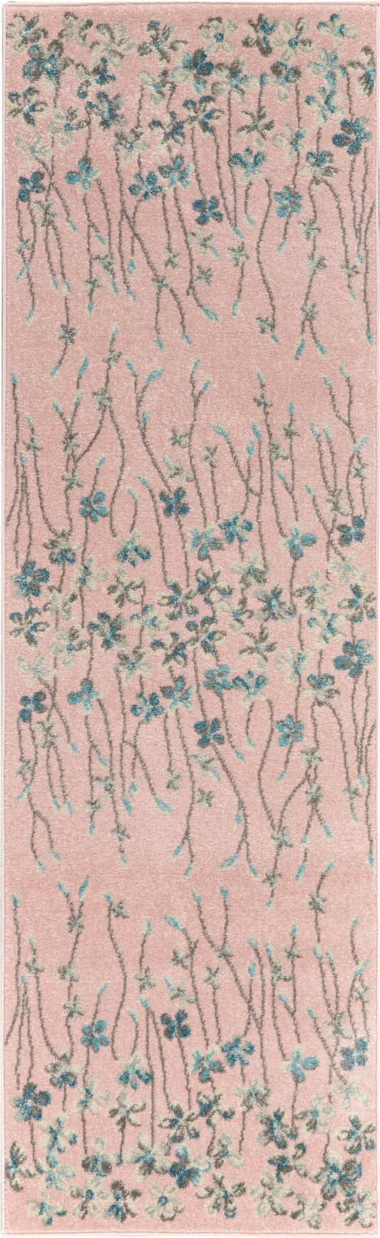 Pink floral vine runner rug with blue and teal flowers and slender brown stems.