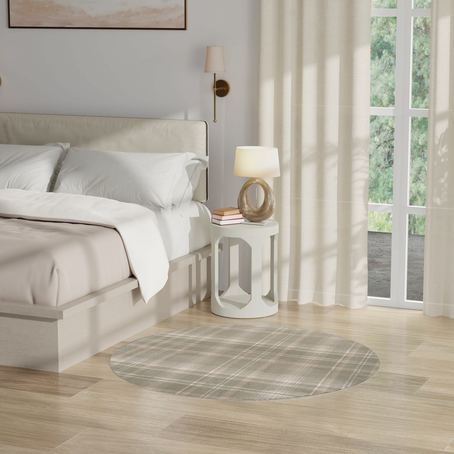 Cream round rug with plaid pattern, 5' diameter.