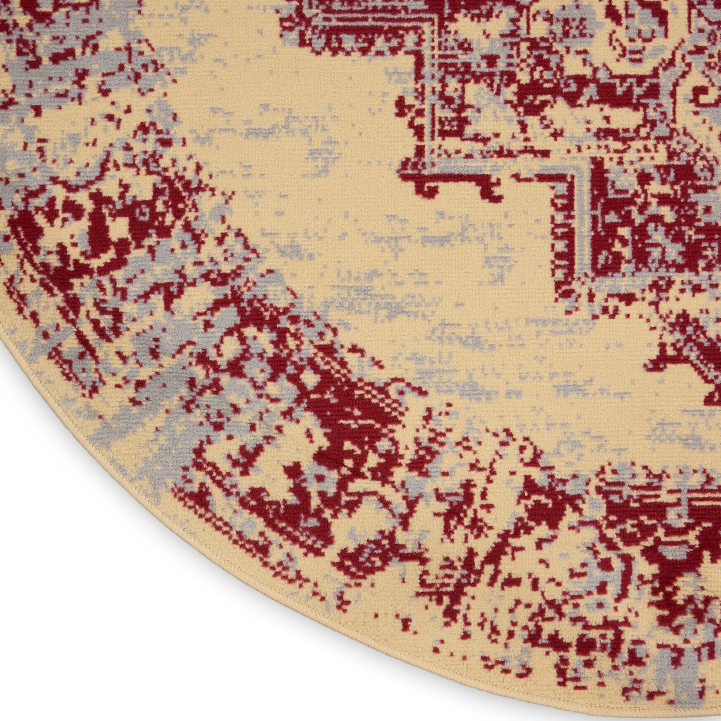 Round beige rug with burgundy motif, pale gray accents, and ornate vintage pattern.