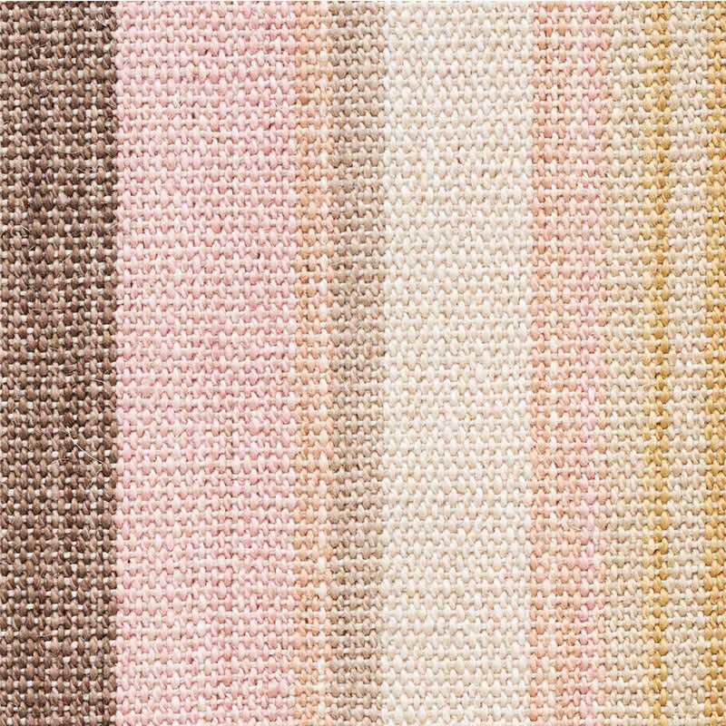 Woven fabric swatch with vertical stripes in brown, pink, beige, cream and yellow tones.