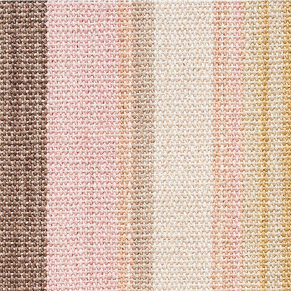 Woven fabric swatch with vertical stripes in brown, pink, beige, cream and yellow tones.